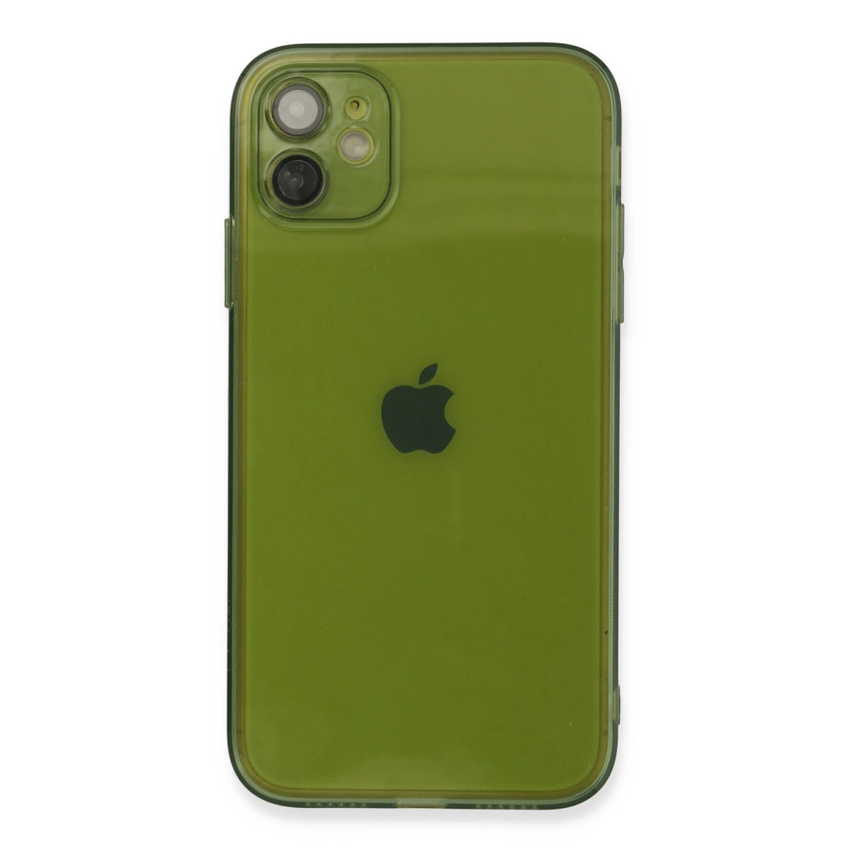 Arkada iki kamera ve Apple logosu bulunan yeşil iPhone, beyaz zemin.