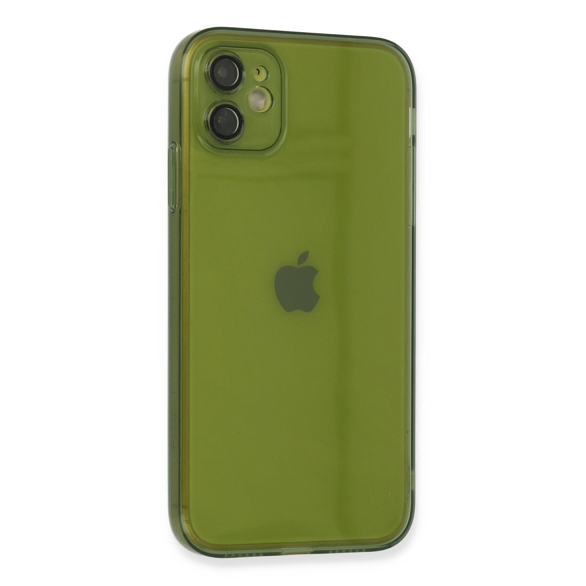 İki kameralı yeşil iPhone ve Apple logosu, beyaz arka plan üzerinde.