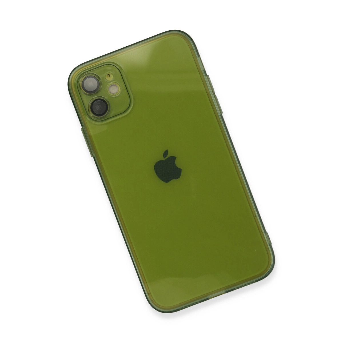 Beyaz arka plan üzerinde Apple logolu ve çift kameralı yeşil iPhone.