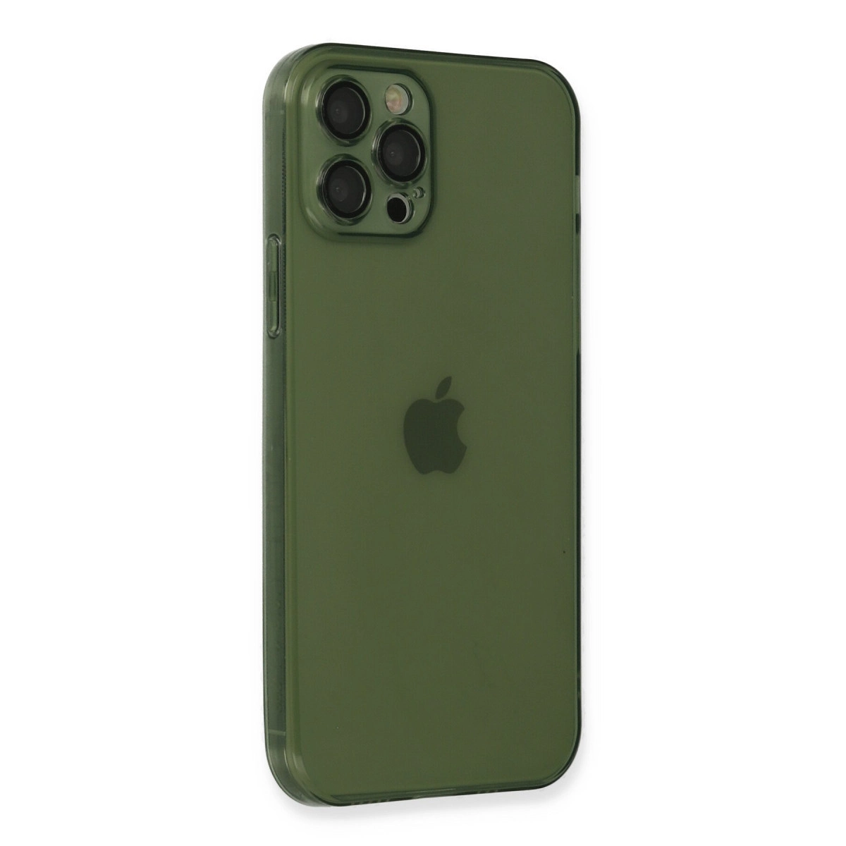 Üç kameralı yeşil iPhone arkası ve Apple logosu.