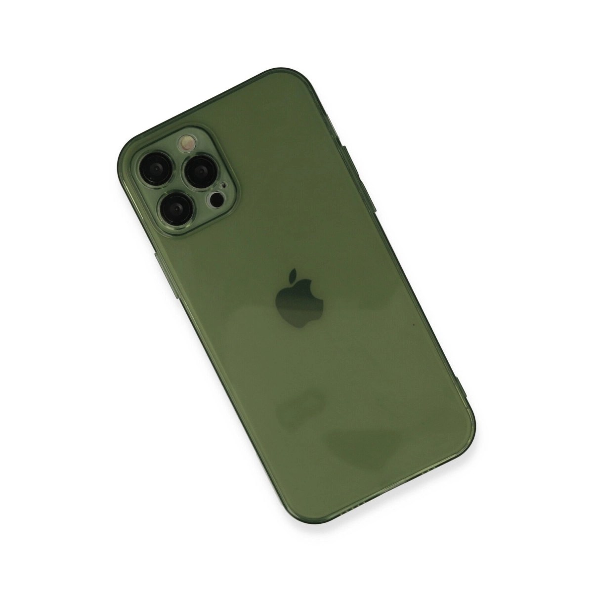 Üç kameralı yeşil iPhone arka yüzü ve Apple logosu.