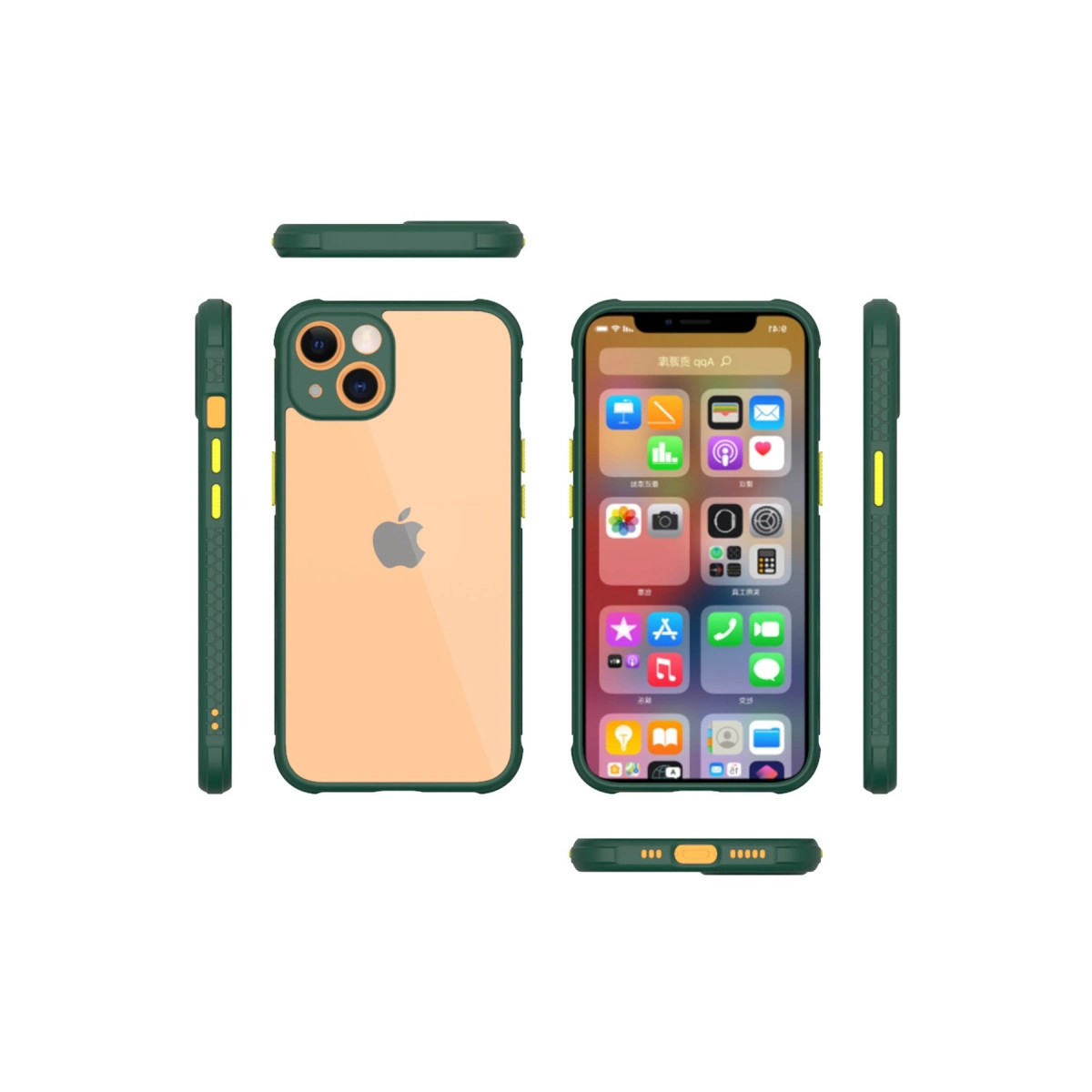 Şeffaf arkalı yeşil iPhone kılıfı, yan ve ön görünümler.