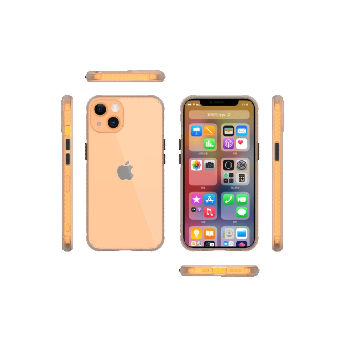 Turuncu bir iPhone kasasıyla çeşitli açılardan gösteriliyor.