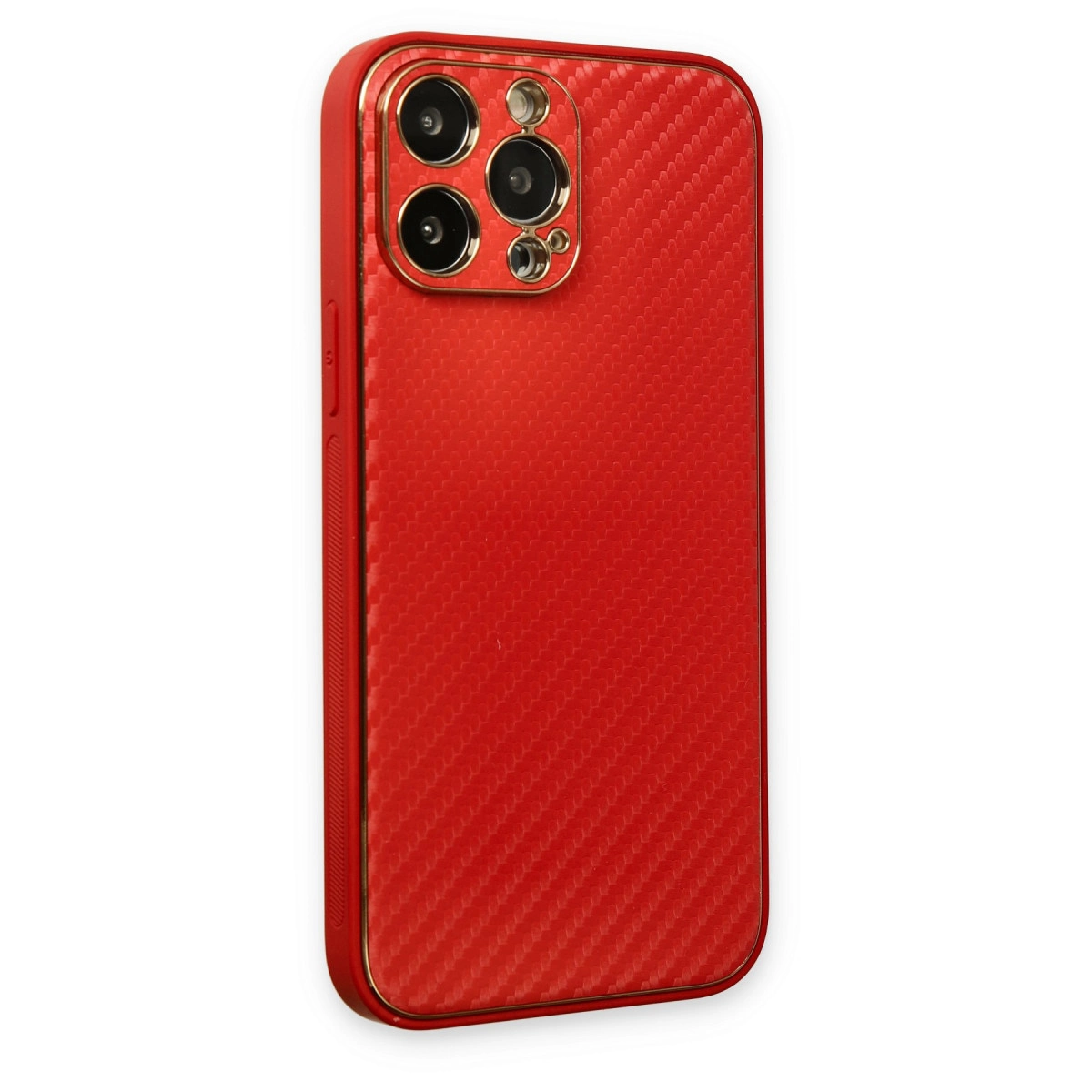 Altın çerçeveli üç kameralı, karbon desenli kırmızı telefon.