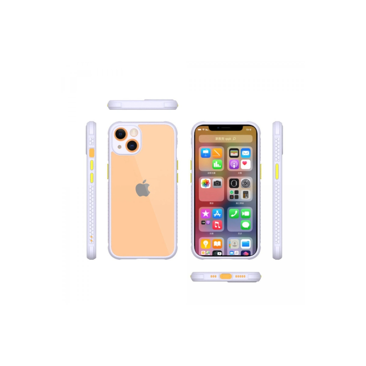 Turuncu ek parçalı şeffaf iPhone kılıfı, ön, arka ve yanlardan gösteriliyor.
