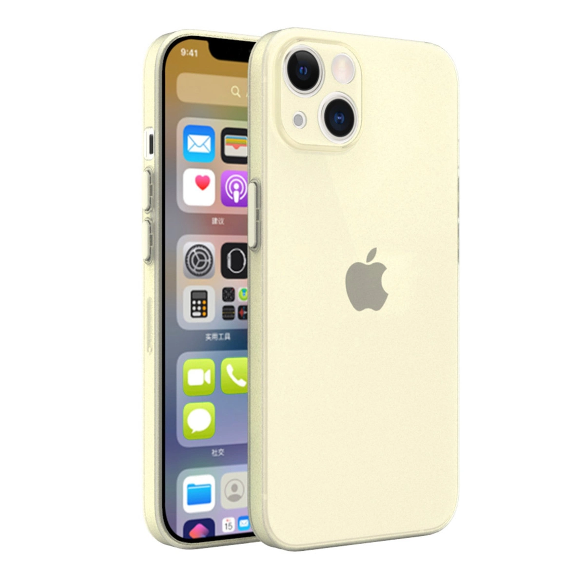 Arkada Apple logosu, ekranda uygulama simgeleri olan açık sarı bir iPhone.