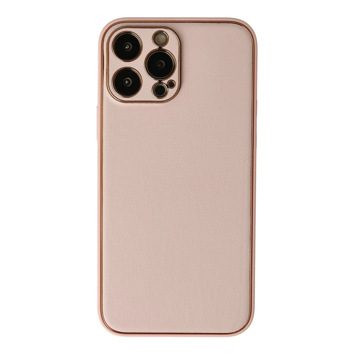 Dört kamera lensli ve rose altın kenarlı pembe telefon kılıfı.