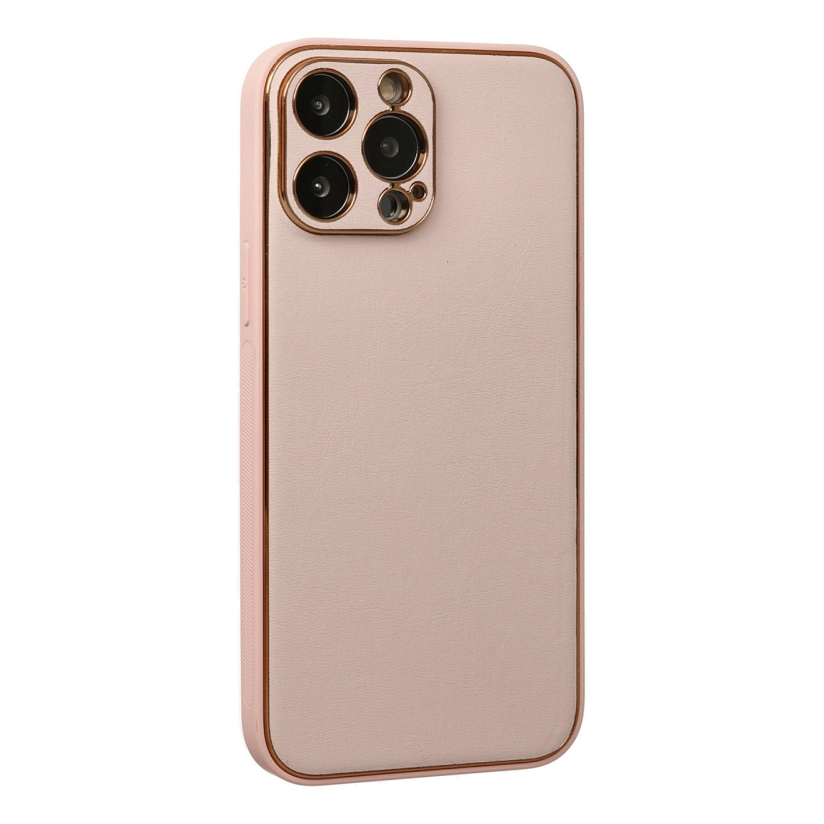 Altın kenarlı, pembe renkli telefon kılıfı, kamera modülü.