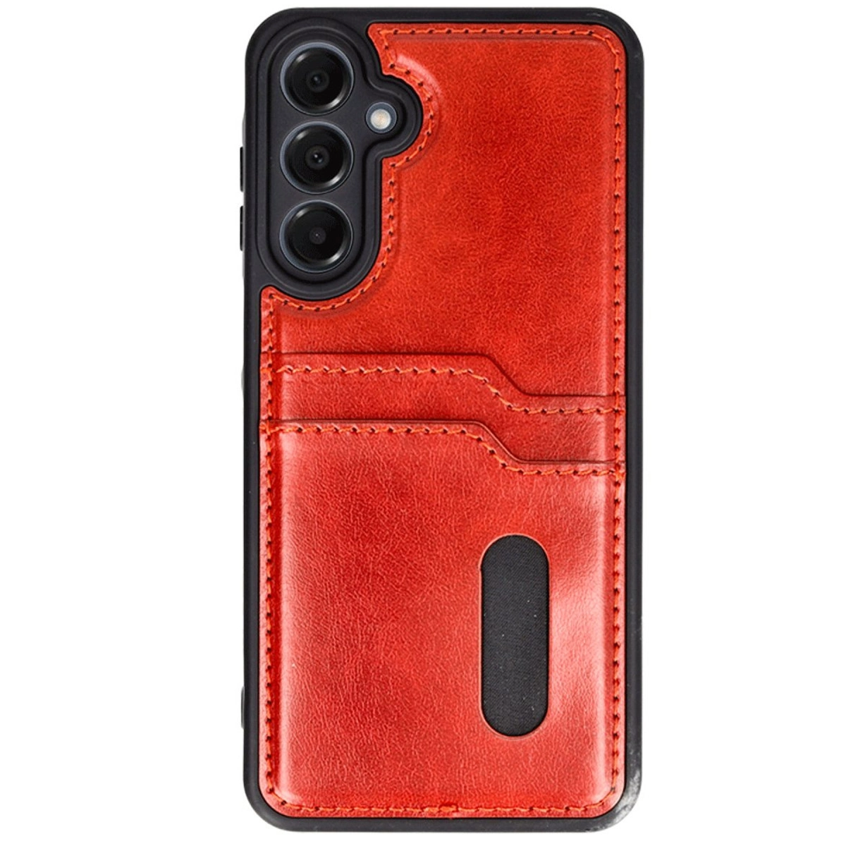 Kamera açıklığı ve kart yuvaları olan kırmızı telefon kılıfı.