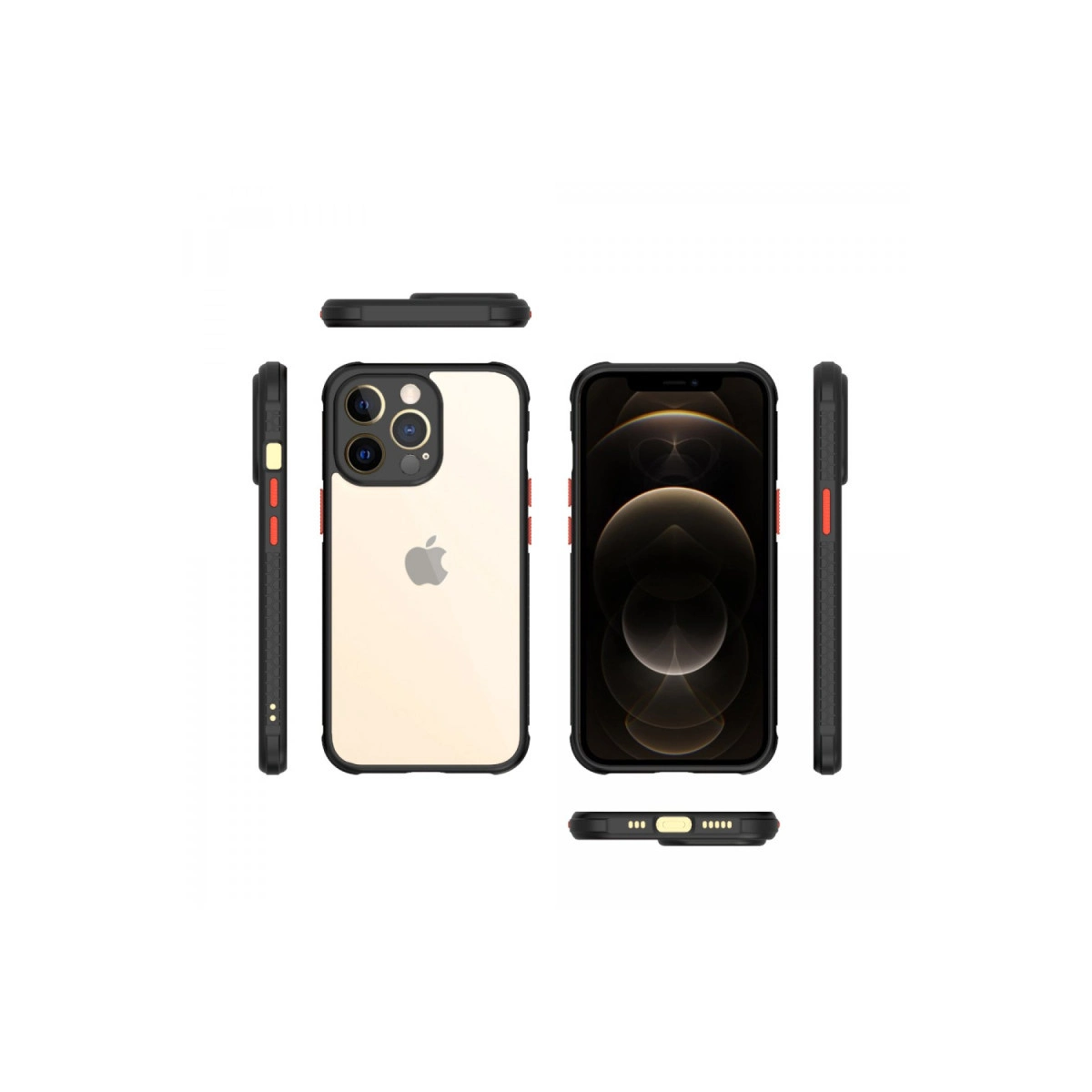 Altın rengi iPhone, siyah kılıf içinde, önden, arkadan ve yandan görünüyor.
