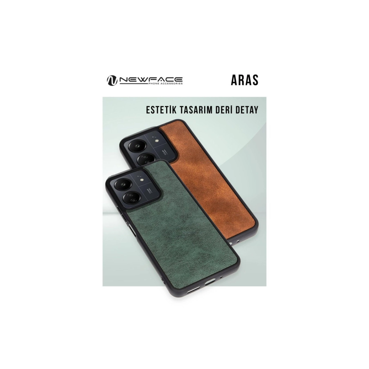 Üst üste duran, biri yeşil diğeri kahverengi iki suni deri telefon kılıfı.