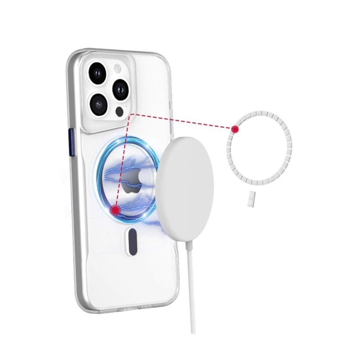 Mıknatıslı şarjlı şeffaf telefon kılıfı, mavi şimşek efektli.