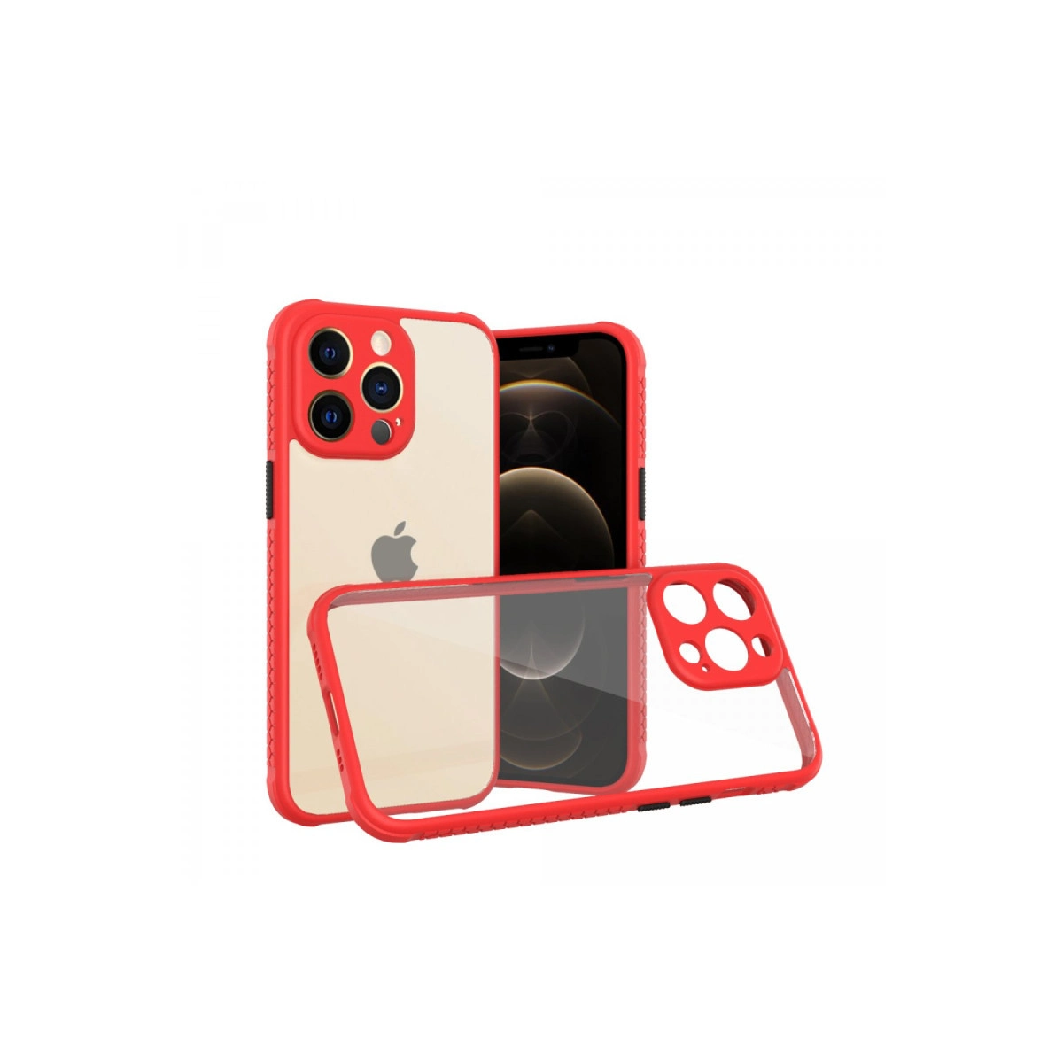 iPhone için şeffaf arkalı kırmızı koruyucu kılıf, iPhone'u gösteriyor.