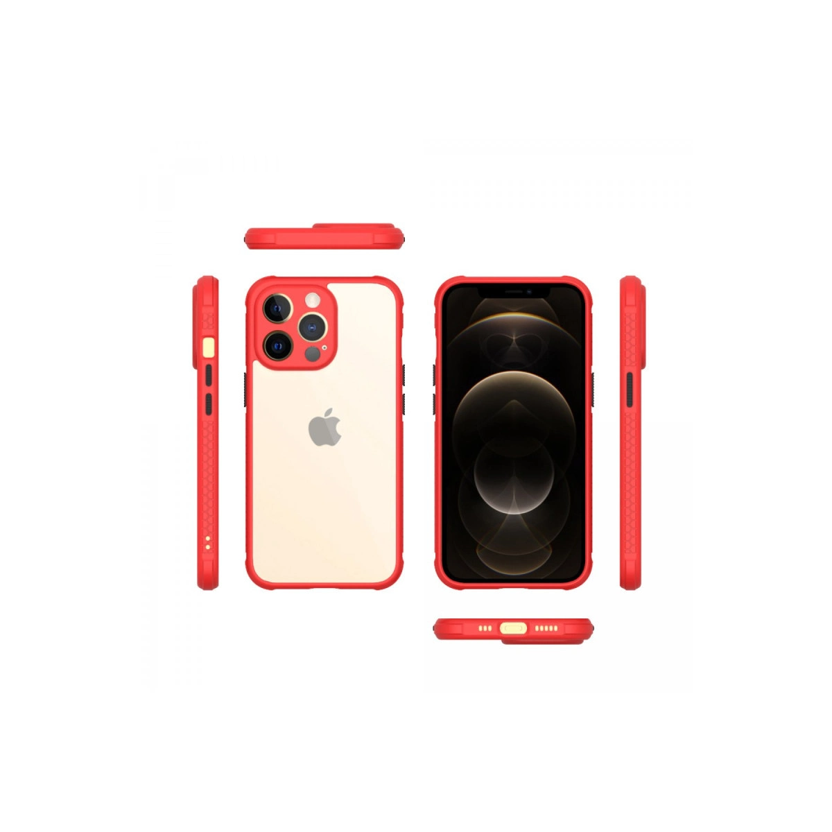 Kırmızı iPhone kılıfı, ön, arka ve yan görünümler.