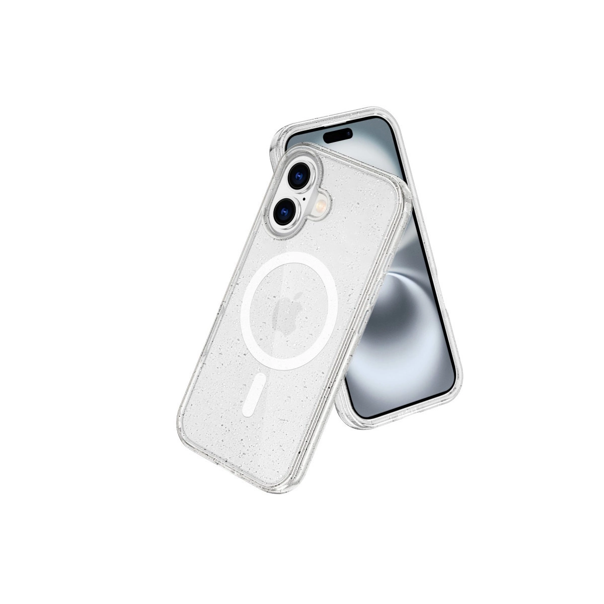 Kameralı iPhone için şeffaf simli kılıf. Beyaz arka plan.