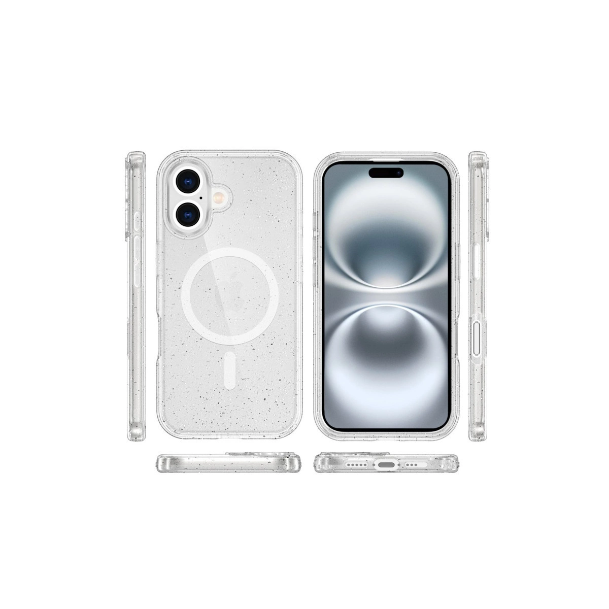 iPhone için manyetik halkalı şeffaf kılıf, çeşitli açılardan.
