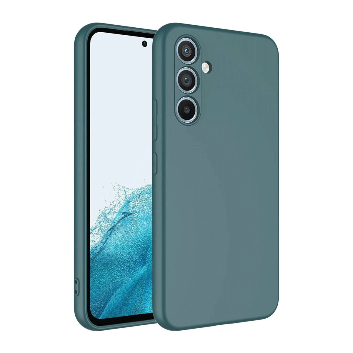 Koruyucu kılıf içinde üç arka kameraya sahip, teal renkli bir akıllı telefon.