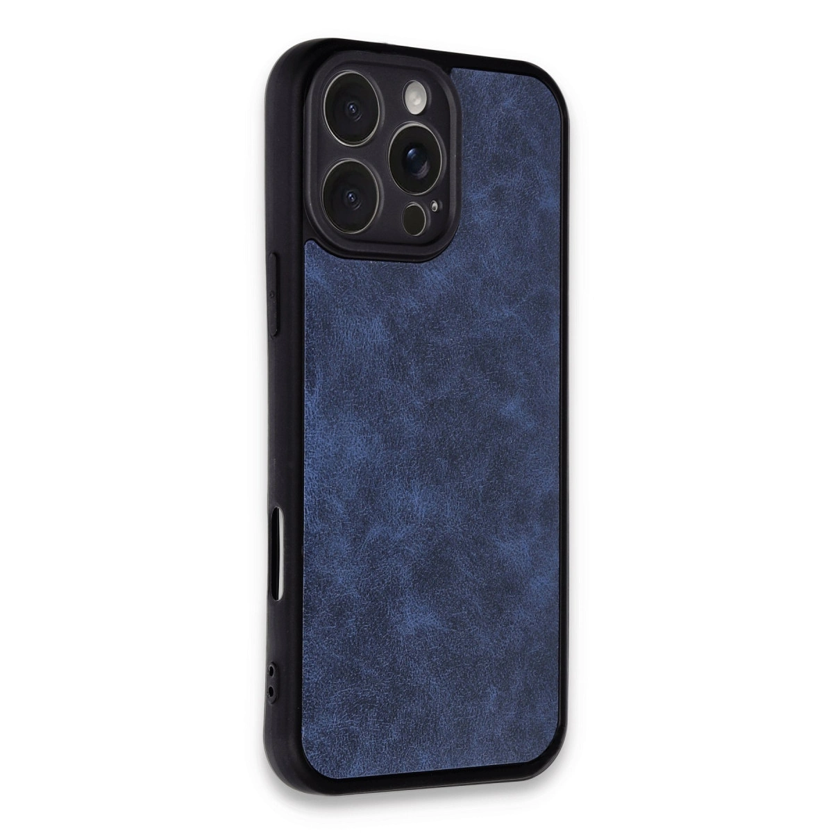 Siyah çerçeveli ve kamera modüllü lacivert telefon kılıfı.