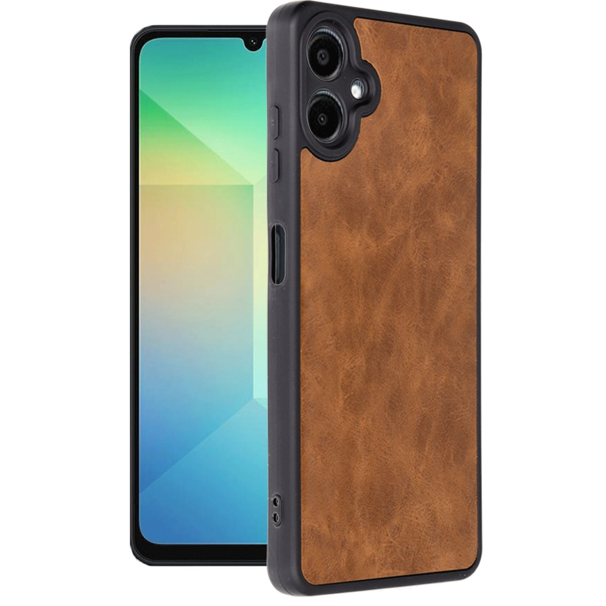 Bir akıllı telefonda iki kameralı kahverengi telefon kılıfı.