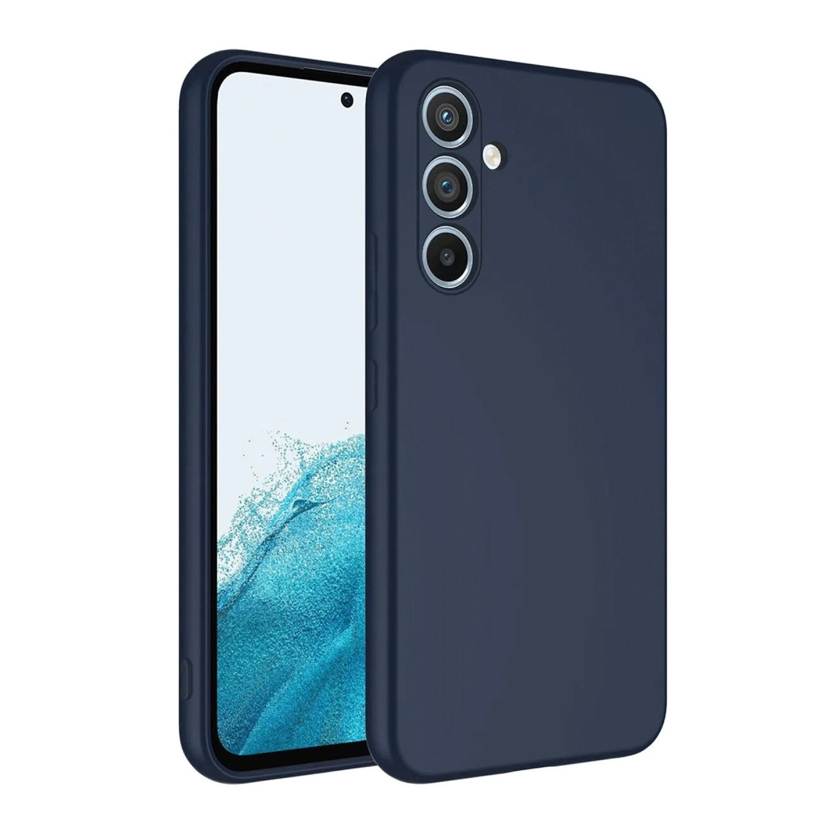 Üçlü kamera çıkıntılı lacivert telefon kılıfı akıllı telefonda gösteriliyor.