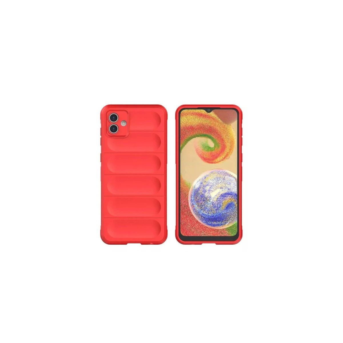Renkli soyut duvar kağıdı ve küre gösteren akıllı telefonun yanında, kapitone tasarımlı kırmızı telefon kılıfı.