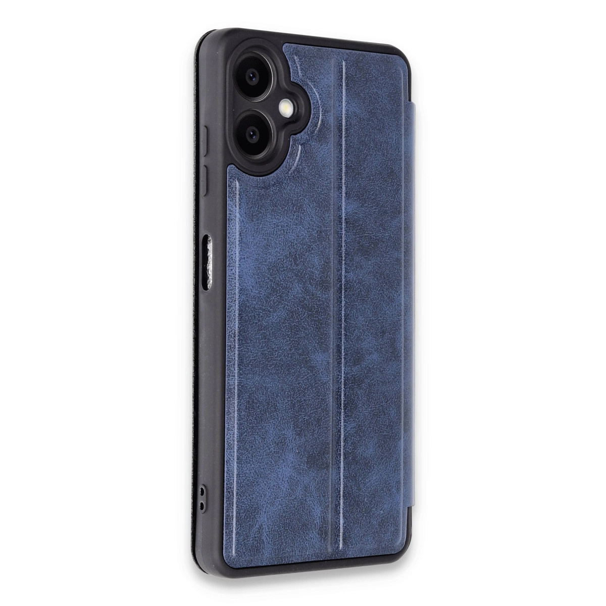 Mavi, deri dokulu telefon kılıfı, kamera kesimi mevcut.