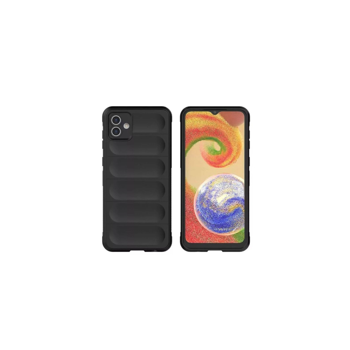 Kanallı siyah telefon kılıfı, renkli arka planı olan bir akıllı telefonun yanında.