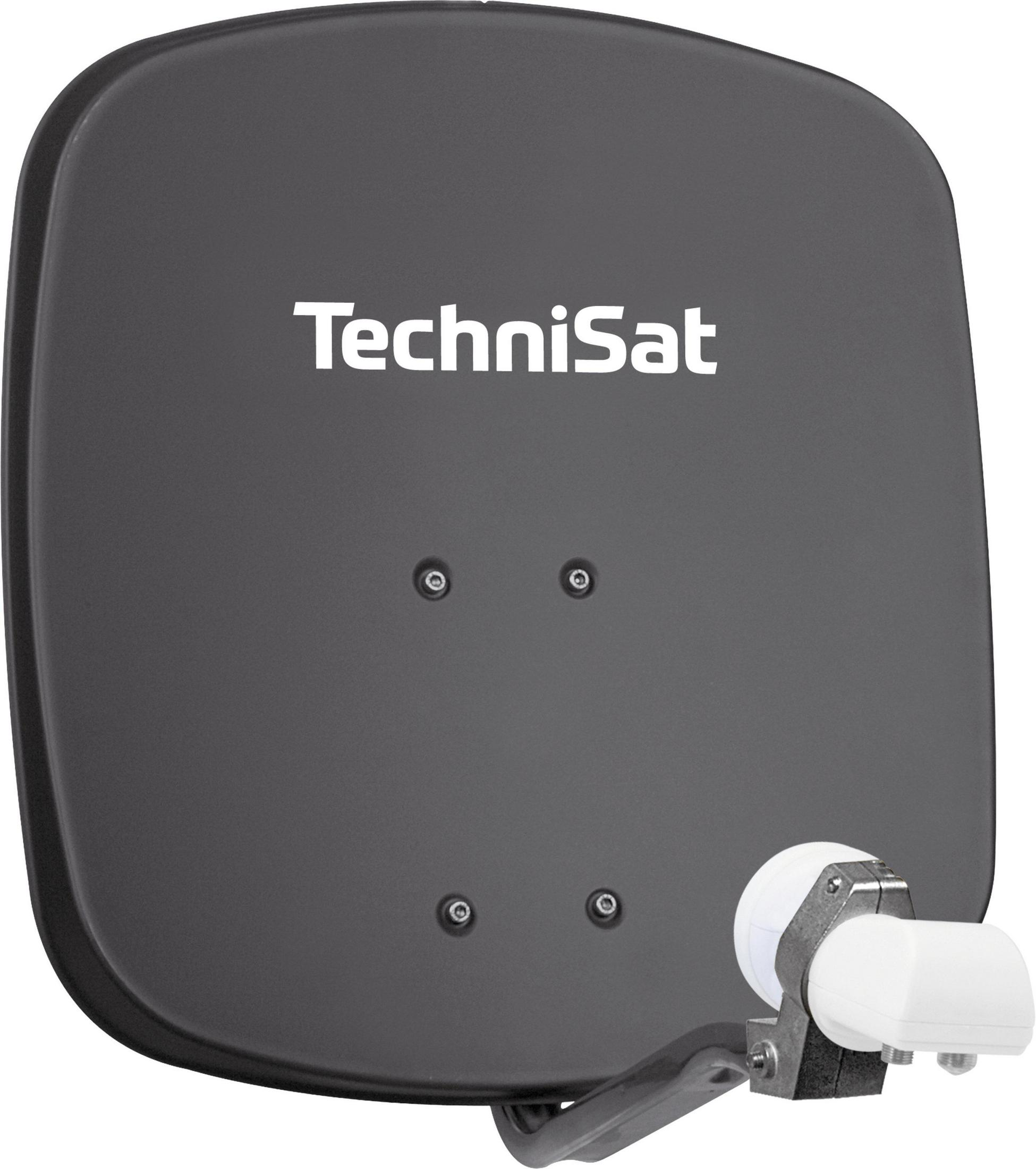Dunkelgraue Satellitenschüssel mit weißem LNB und dem TechniSat-Logo.