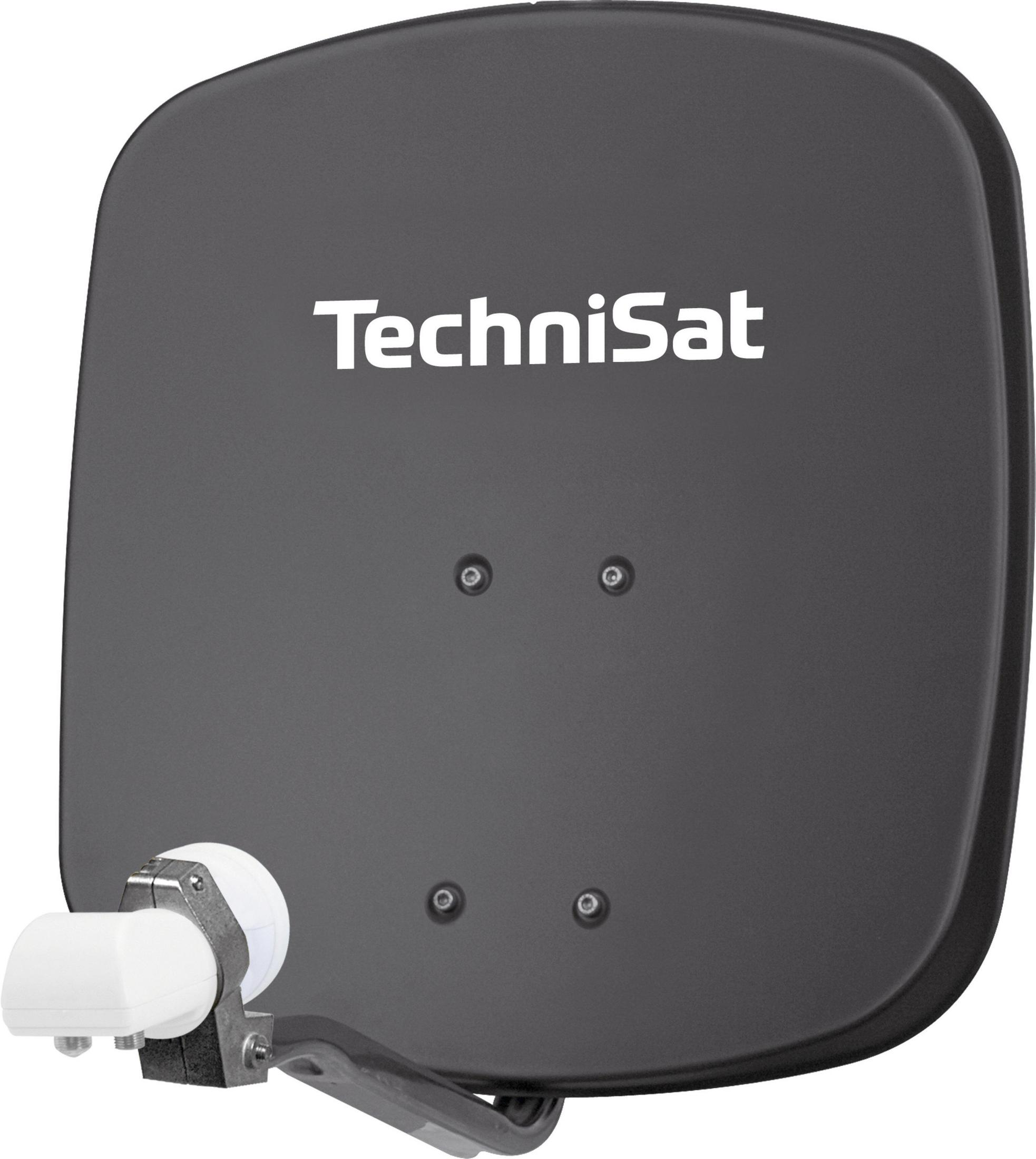 Eine schwarze TechniSat Satellitenschüssel mit weißem LNB-Halter.