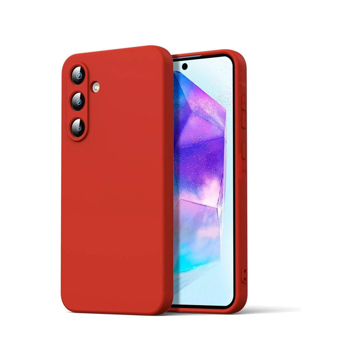Üç kameralı kırmızı telefon kılıfı, renkli arka plana sahip bir akıllı telefonun yanında.