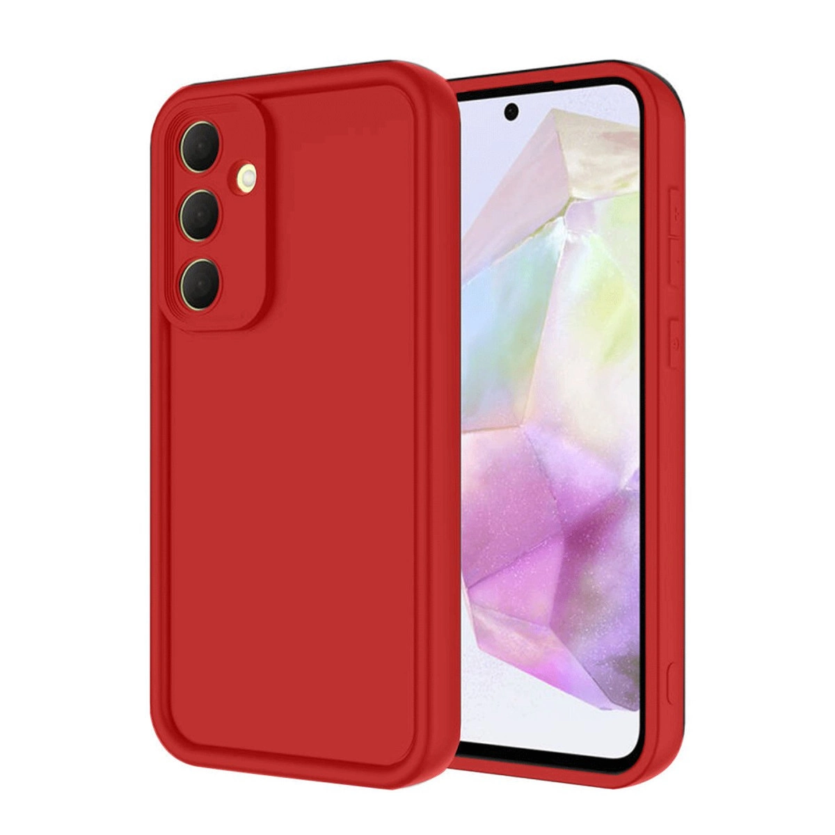 Arkada üç kamera ve flaşlı kırmızı telefon kılıfı.