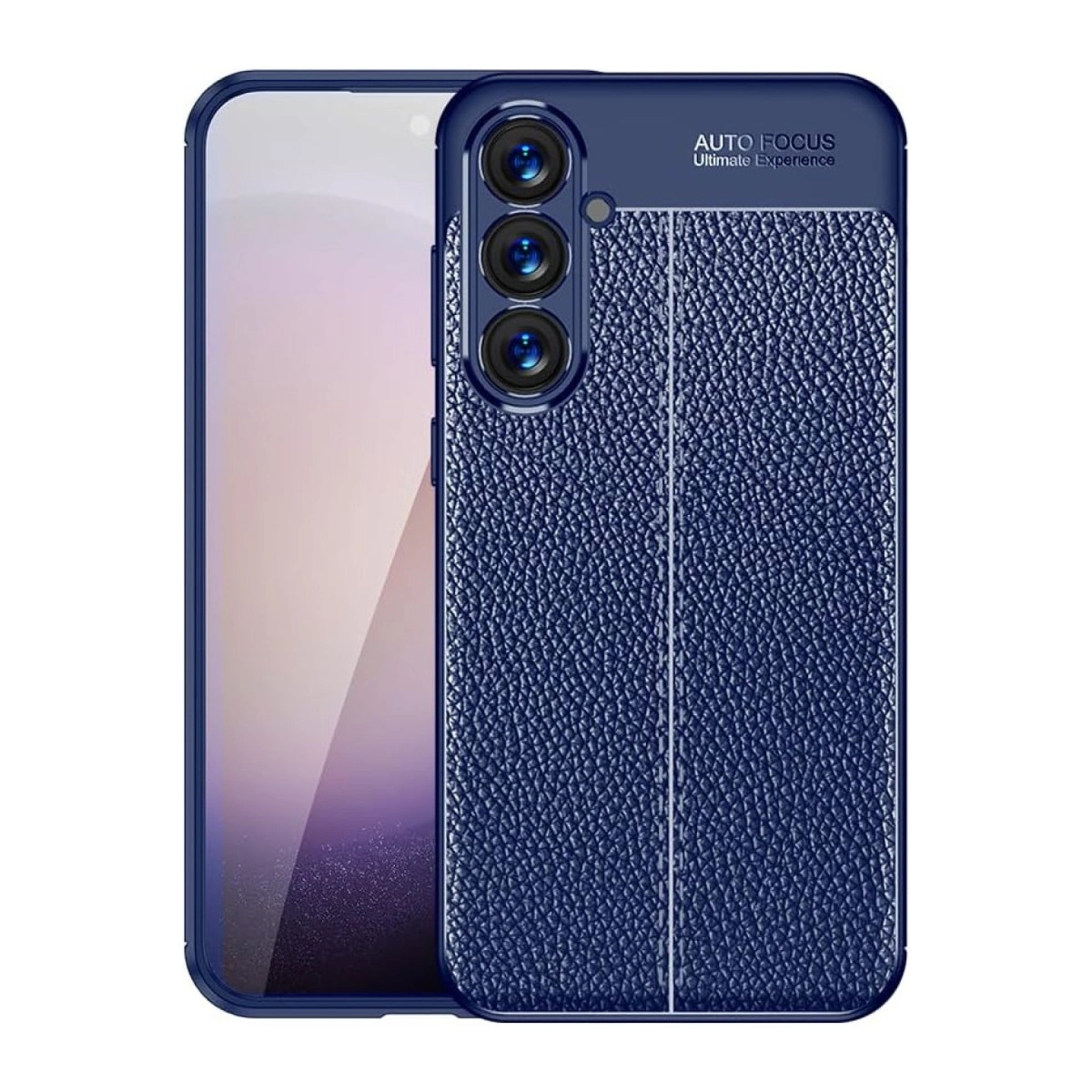 Üç lensli, deri dokulu lacivert telefon kılıfı.