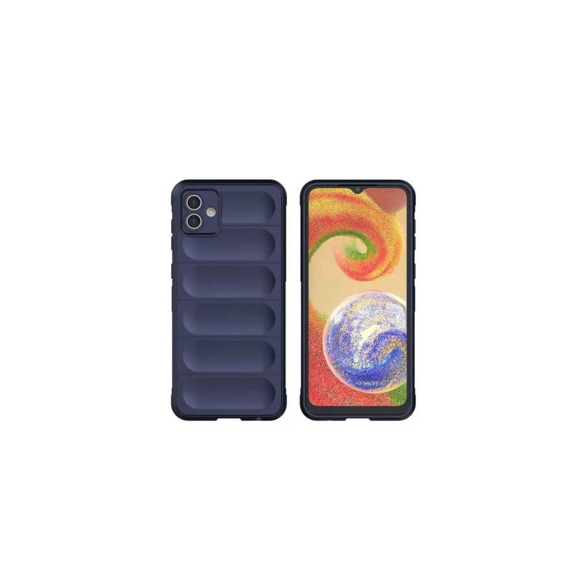 Kanallı mavi telefon kılıfı ve renkli duvar kağıtlı akıllı telefon.