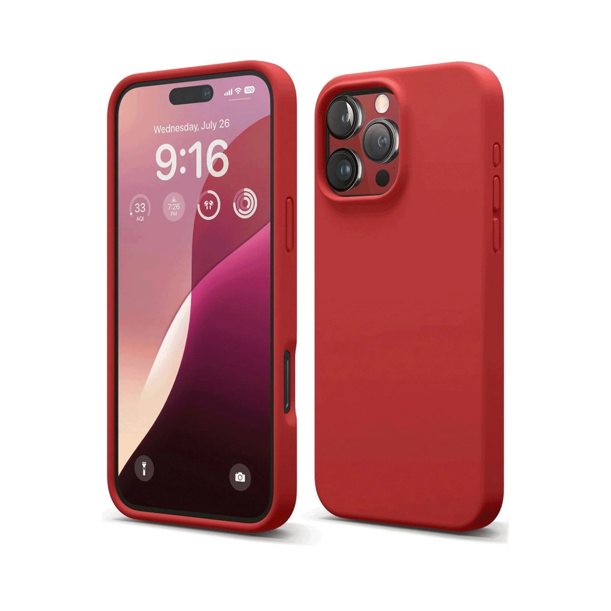 Beyaz arka plan üzerinde yan yana duran koruyucu kılıflı iki kırmızı iPhone.