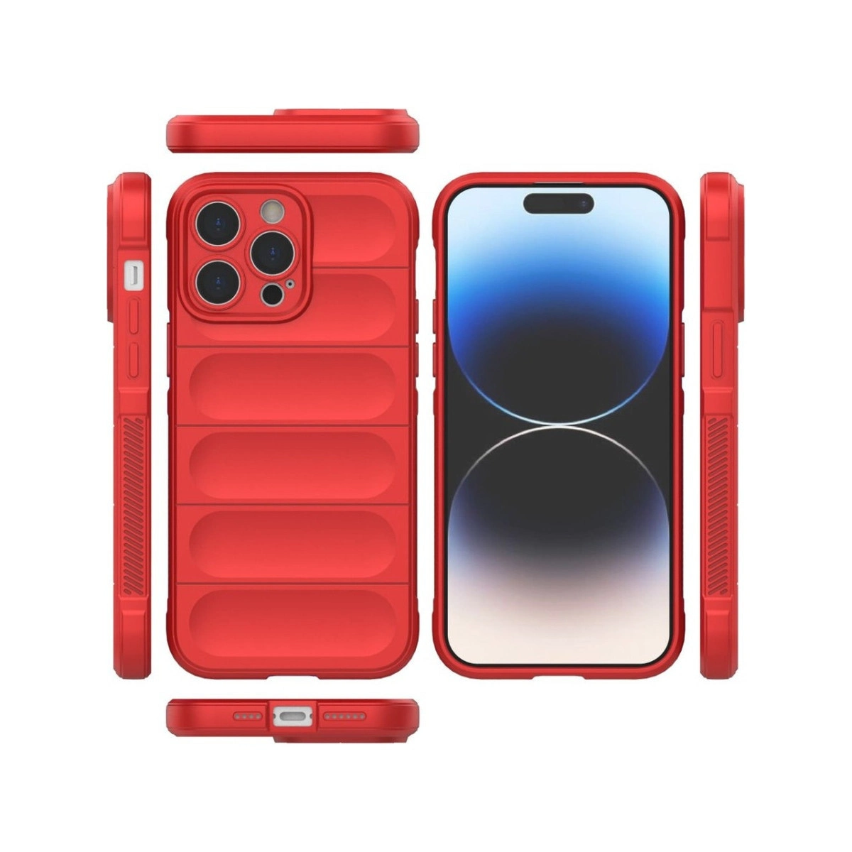 Kırmızı iPhone kılıfı: ön, arka ve yan görünümler, kamera lensleri gösteriliyor.