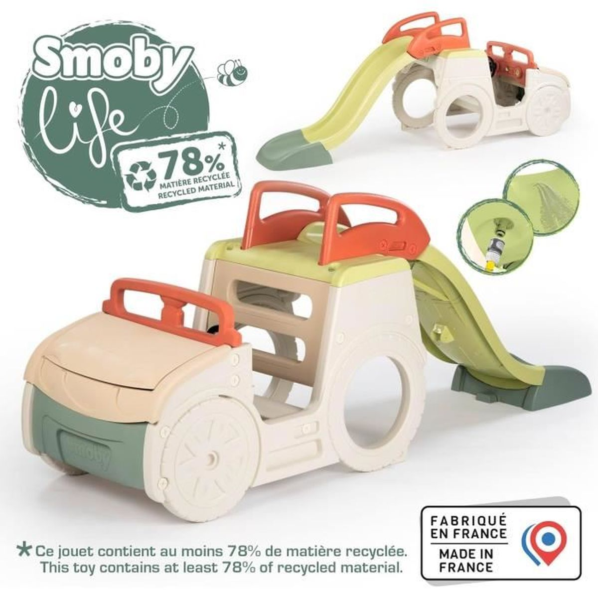 Casetta gioco per bambini a forma di auto con scivolo, in materiale riciclato.