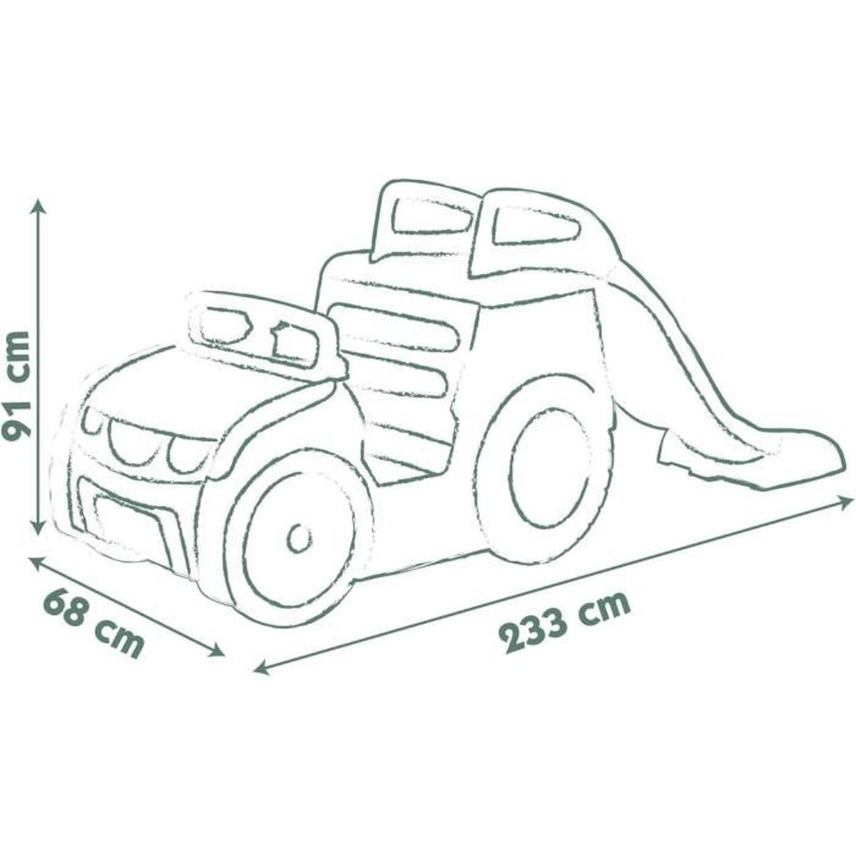 Disegno al tratto di un'auto giocattolo con scivolo. Dimensioni: 91cm A, 68cm L, 233cm P.