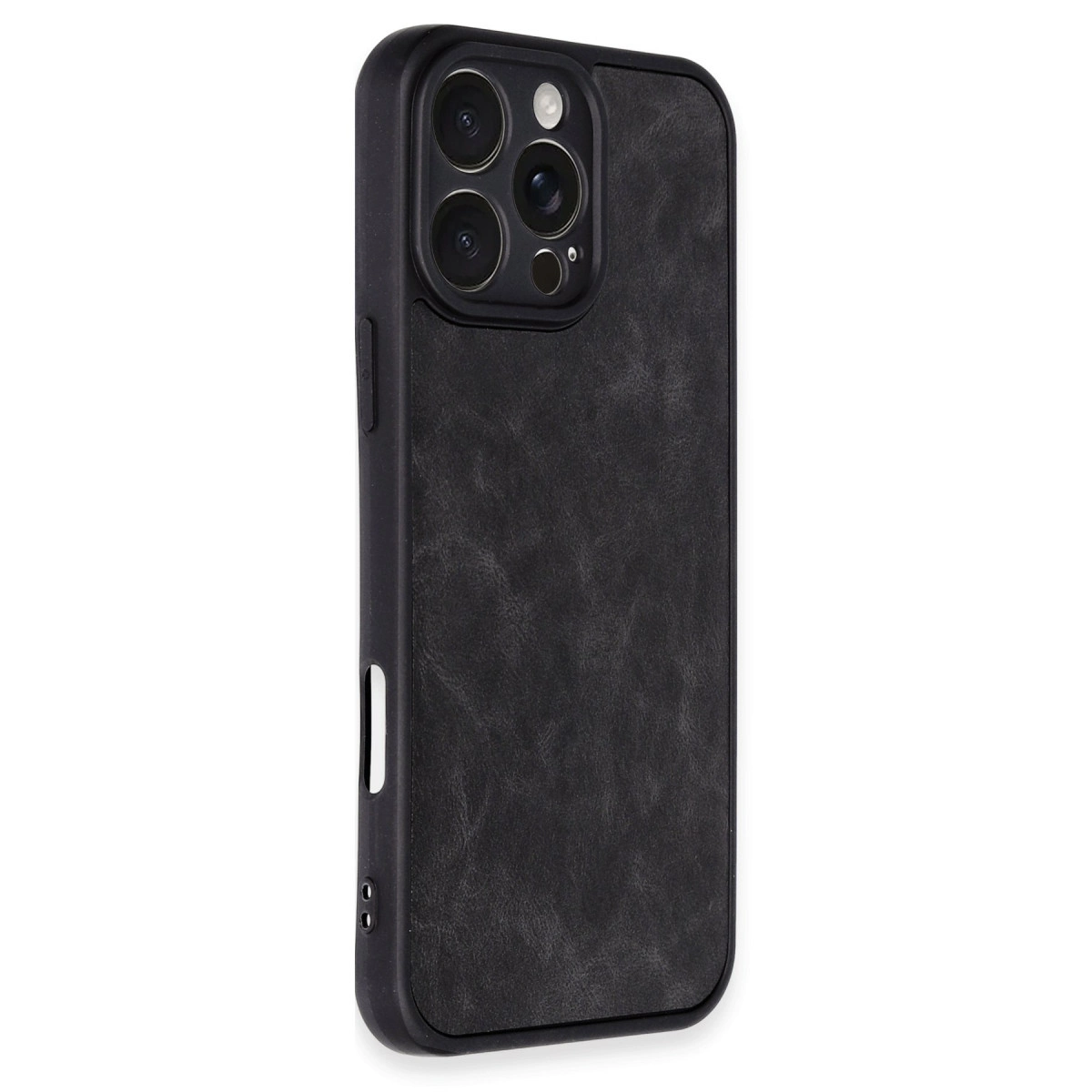 Beyaz arka plan üzerinde kamera kesimli siyah telefon kılıfı.