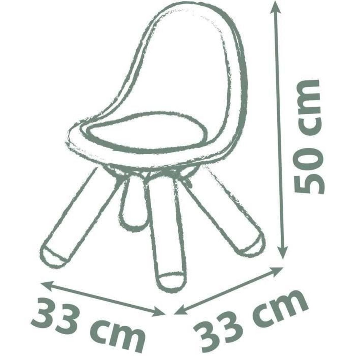 Una sedia per bambini a tre gambe, alta 50 cm, larga 33 cm.