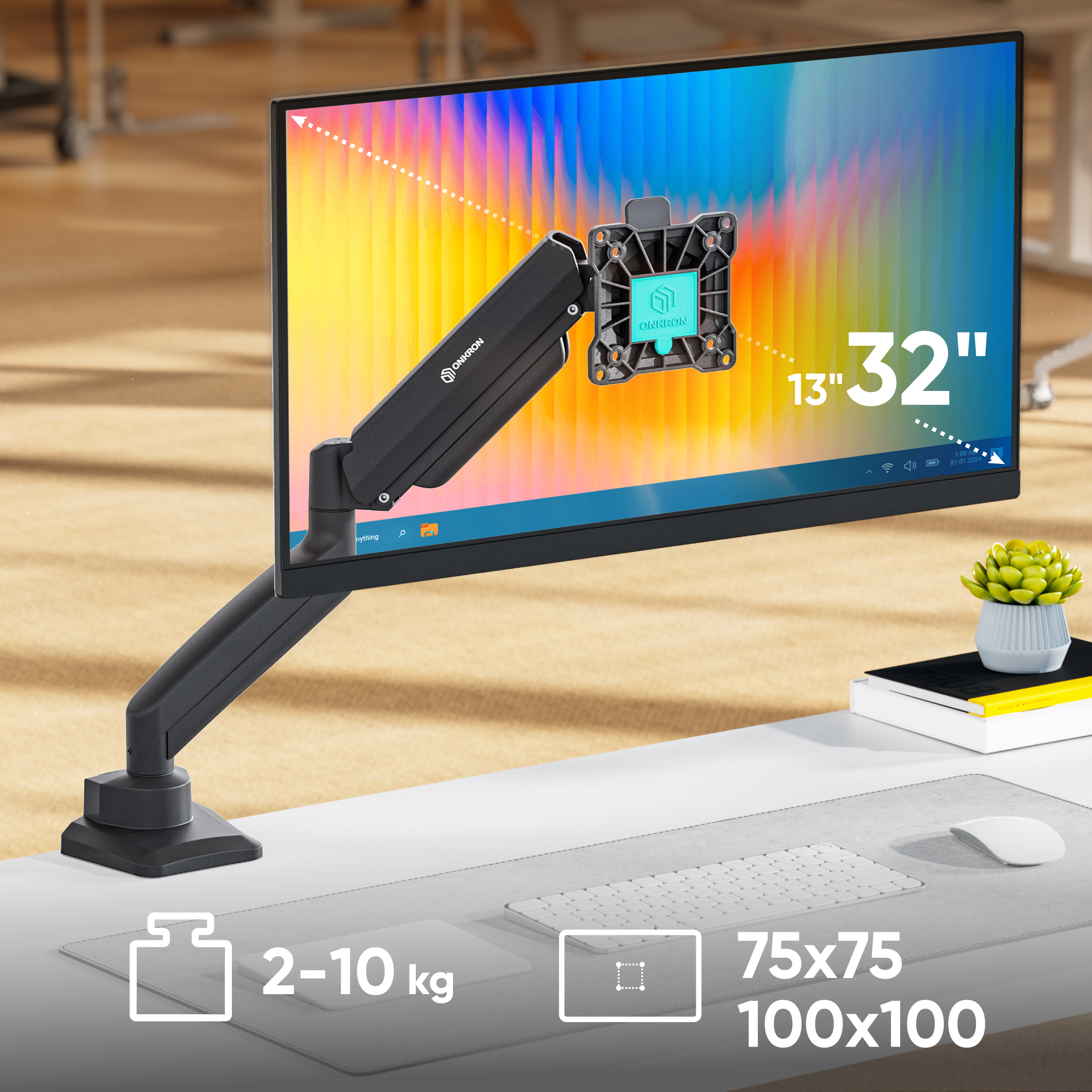 Monitor 32-calowy na regulowanym ramieniu, z podanym ciężarem i VESA.