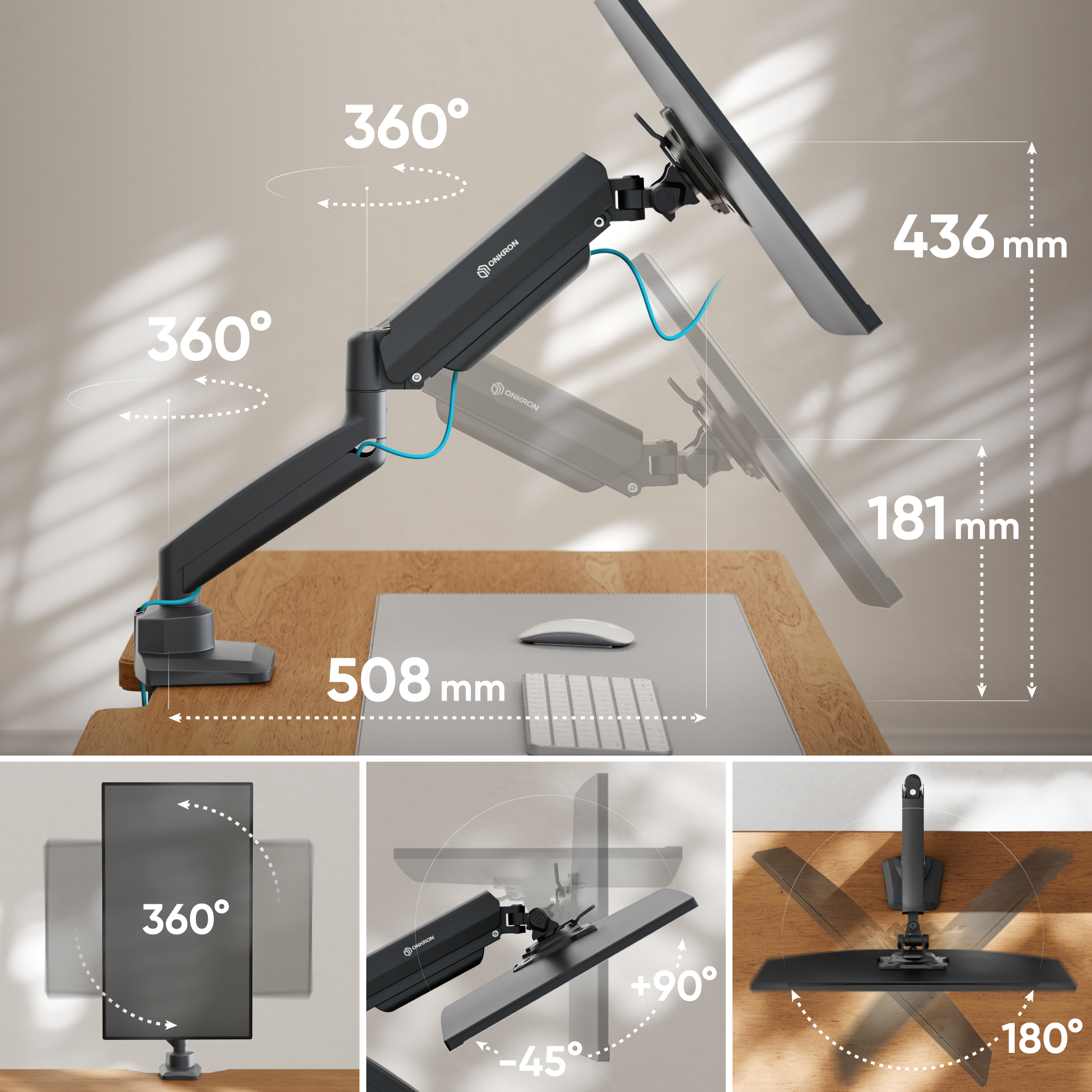 Czarny wysięgnik monitora z elastycznymi przegubami i niebieskimi kablami na biurku.