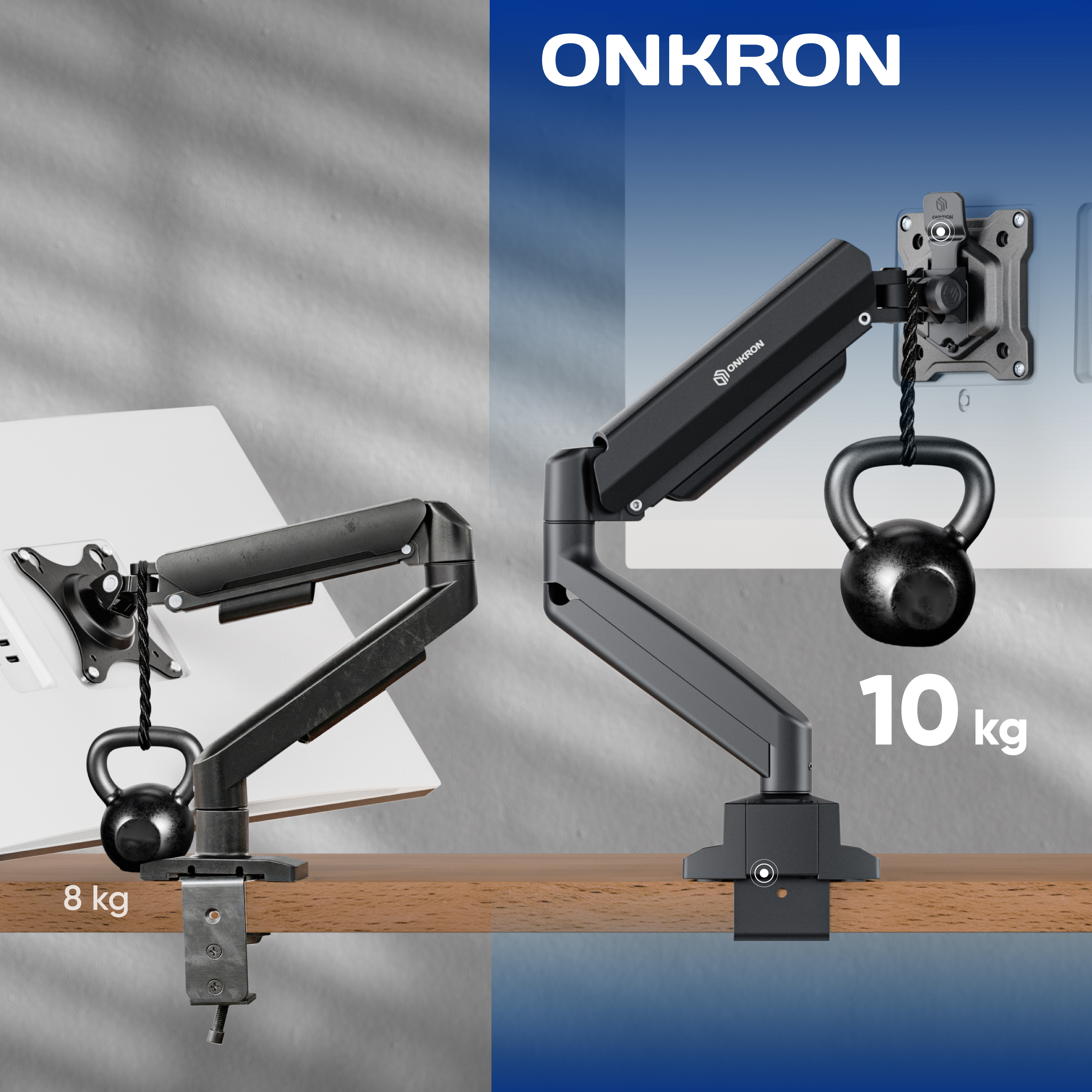 Dwa ramiona monitora z obciążeniem 8 kg i 10 kg, pokazujące udźwig.