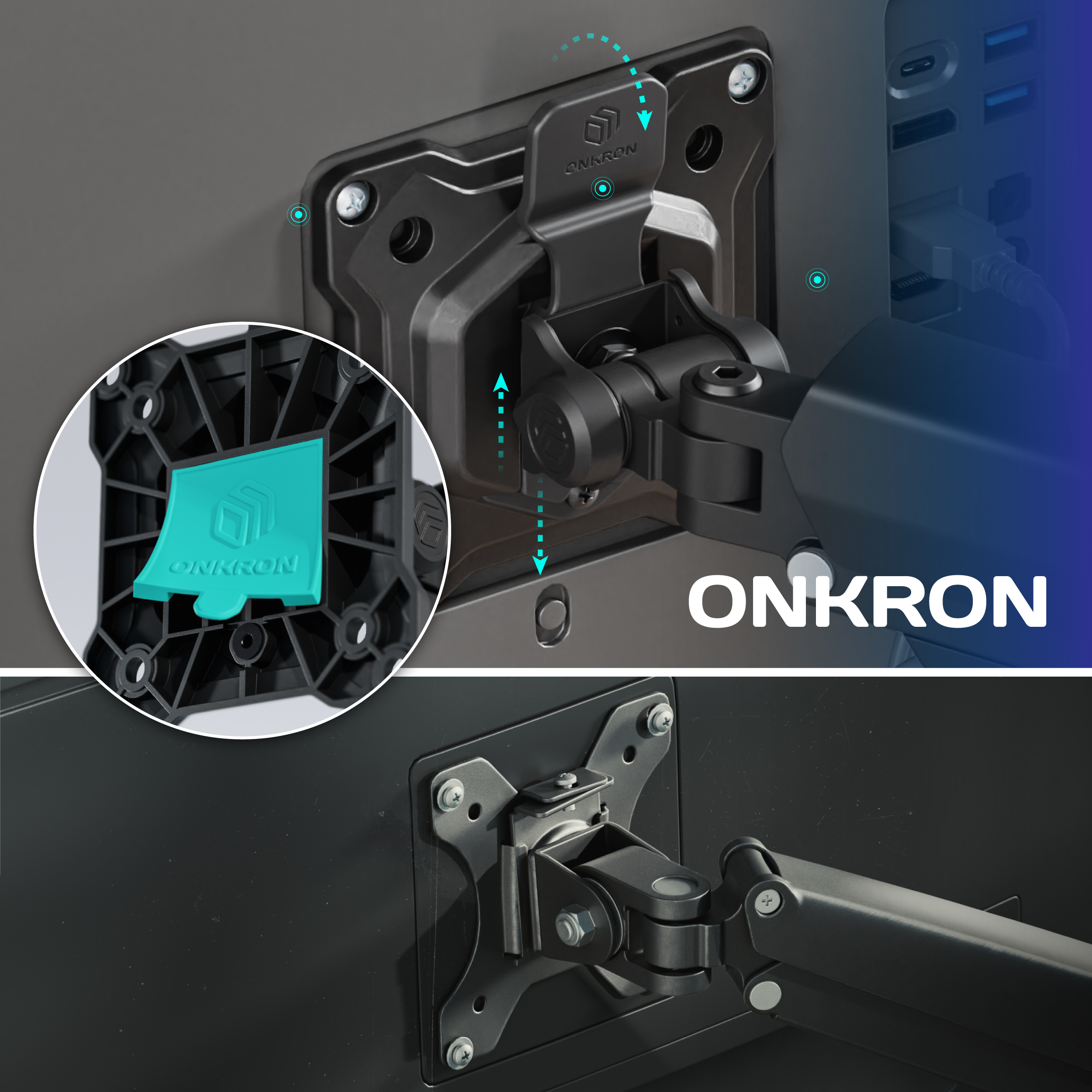 Zbliżenie mocowania monitora do ściany. Szczegół ramienia przegubowego.