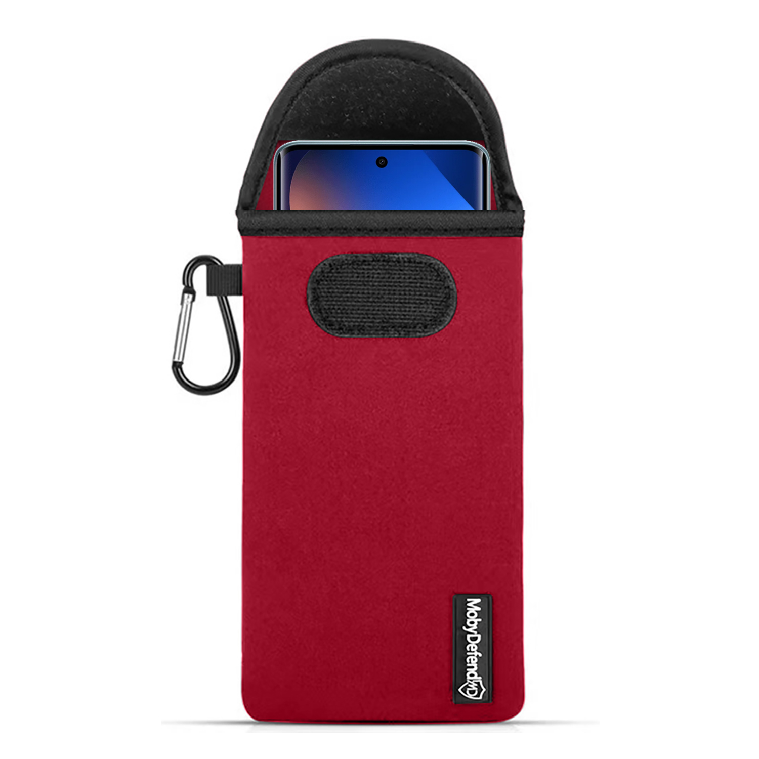 Pochette téléphone rouge avec mousqueton, écran visible.