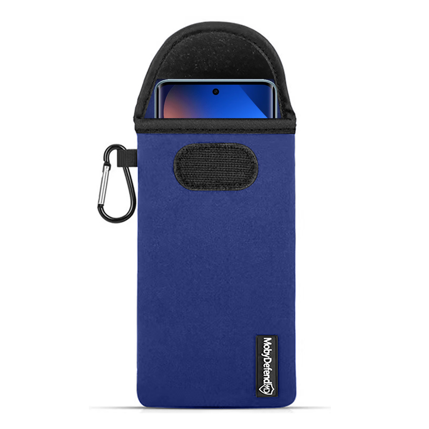 Pochette bleue pour téléphone avec mousqueton et velcro. Haut du téléphone visible.