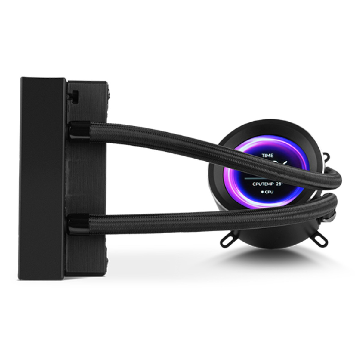 Czarna chłodnica CPU komputera z okrągłym wyświetlaczem i oświetleniem RGB.