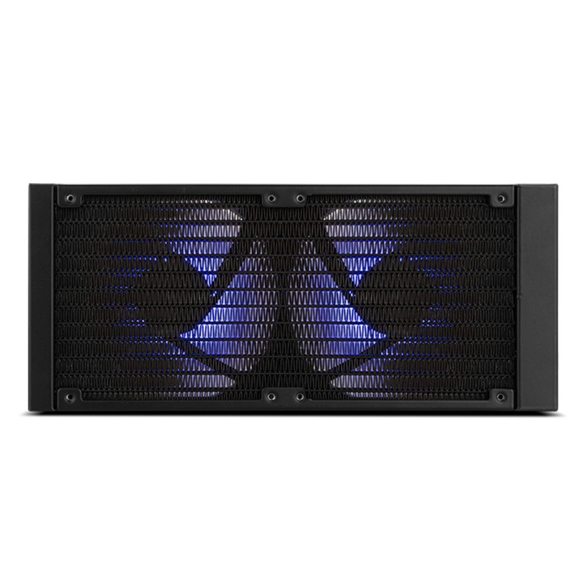 Czarny radiator z niebieskimi wentylatorami tworzącymi kształt X.