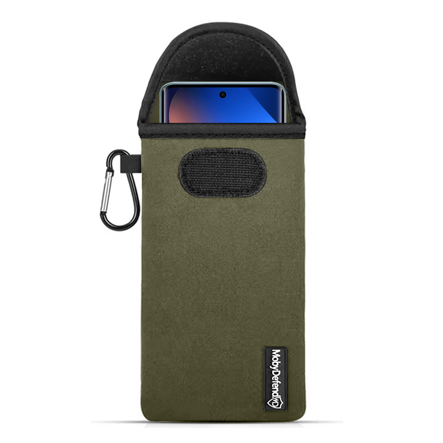 Pochette verte pour téléphone avec mousqueton et haut de smartphone.