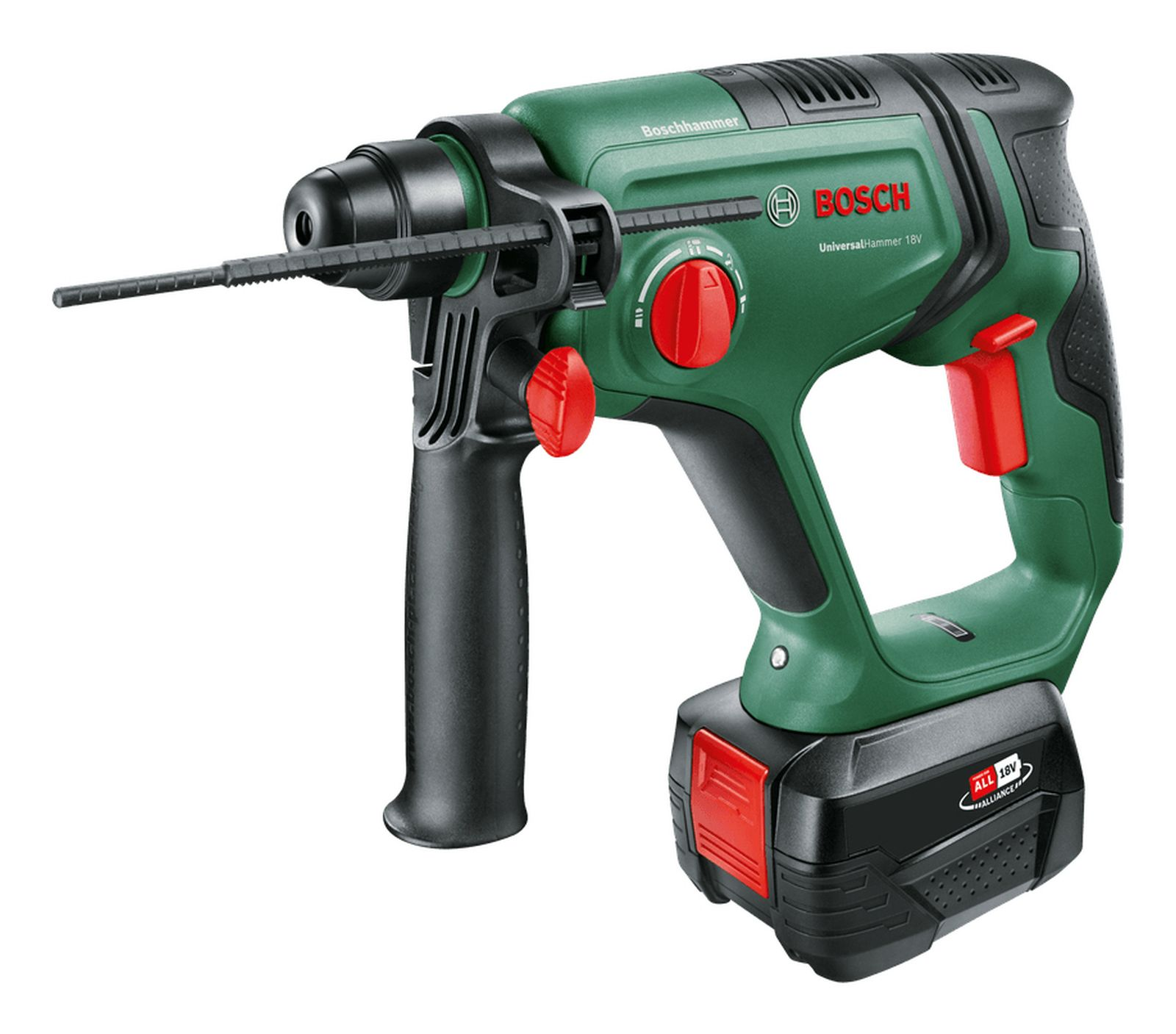 Grüner Bosch Hammerbohrer mit schwarzem Griff und Akku.