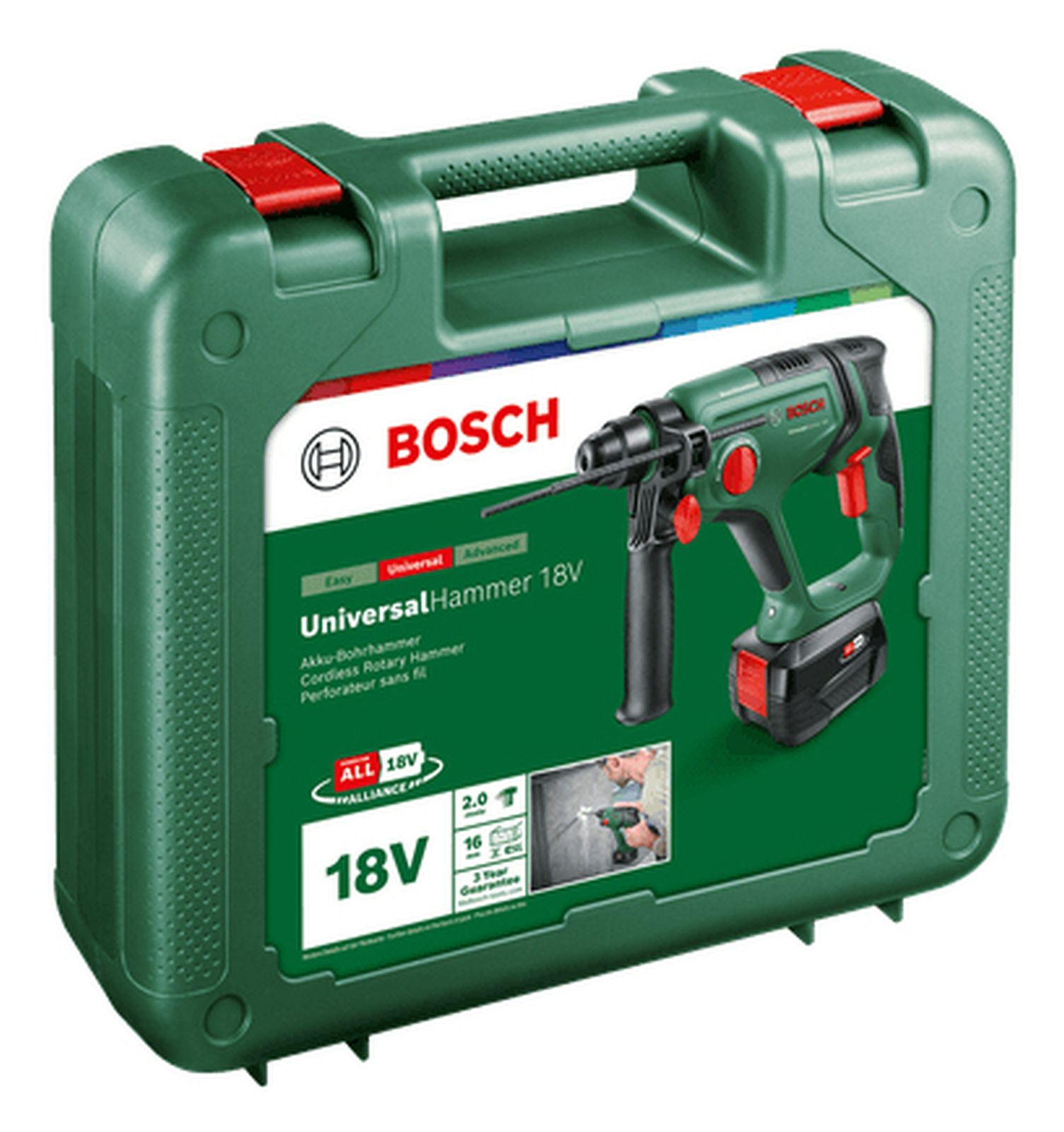 Grüner Bosch Koffer mit Bohrmaschine, Akku und Zubehör.